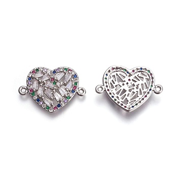 Brass Micro Pave Cubic Zirconia Links, Heart, Colorful, Platinum, 15x22x3mm, Hole: 1.5mm