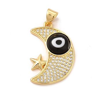 Rack Plating Brass Micro Pave Clear Cubic Zirconia Pendants, with Handmade Evil Eye Lampwork, Cadmium Free & Lead Free, Long-Lasting Real 18K Gold Plated, Moon with Star Charm, Black, 25x16.5x4mm, Hole: 5x3.5mm