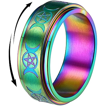 Triple Moon Goddess Stainless Steel Rotating Finger Ring, Fidget Spinner Ring for Calming Worry Meditation, Rainbow Color, US Size 10(19.8mm)