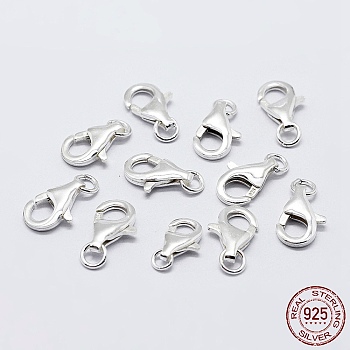 Rhodium Plated 925 Sterling Silver Lobster Claw Clasps, with 925 Stamp, Platinum, 11.5mm, Hole: 1mm