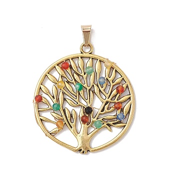 Faceted Round Dyed Natural Agate Copper Wire Wrapped Pendants, Tibetan Style Alloy Tree of Life Charms, Antique Golden, 42.5x38.5x4.5mm, Hole: 6x3.5mm