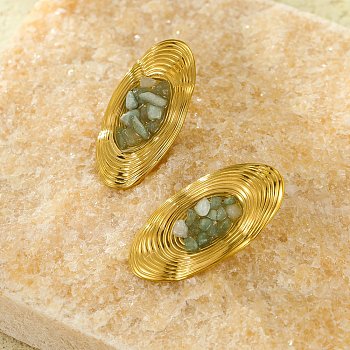 Oval Stainless Steel Stud Earrings, Real 18K Gold Plated, with Natural Aquamarine, 36x18mm