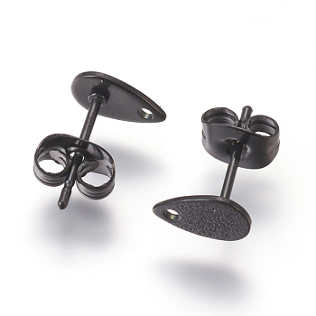 304 Stainless Steel Stud Earring Findings for Dangle Charms, Textured Teardrop, Electrophoresis Black, teardrop,: 8x5mm, Hole: 1mm, Pin: 0.7mm