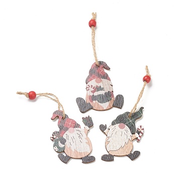 Christmas Theme Wood Big Pendant Decorations, with Hemp Rope & Bead, Santa Claus, Misty Rose, 137~143mm, 9pcs/box, box: about 240x89.5x15mm