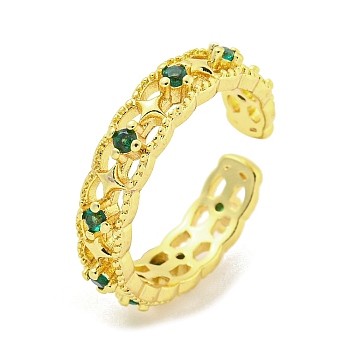 Hollow Brass Micro Pave Green Cubic Zirconia Cuff Rings, Open Rings for Women, Real 18K Gold Plated, Adjustable