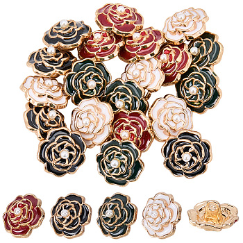 20Pcs 4 Colors Alloy Enamel Shank Buttons, with ABS Plastic Pearl Beads, Flower, 1-Hole, Mixed Color, 14.5x10.5mm, Hole: 2.5mm, 5pcs/color