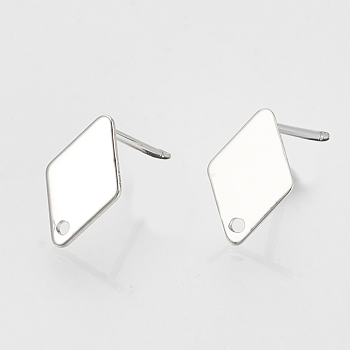 Brass Stud Earring Findings, with Loop and Flat Plate, Rhombus, Nickel Free, Platinum, 11x7x0.5mm, Hole: 1mm, Pin: 0.7mm