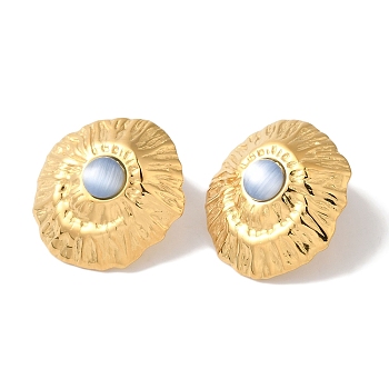 Golden Ion Plating(IP) 304 Stainless Steel Stud Earrings for Women, with Cat Eye, Nuggets With Textured, Alice Blue, 23x21mm