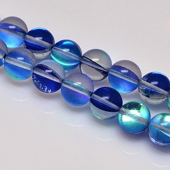 Synthetical Moonstone Beads Strands, Holographic Beads, Dyed, Round, Blue, 6mm, Hole: 1mm, 15.5 inch