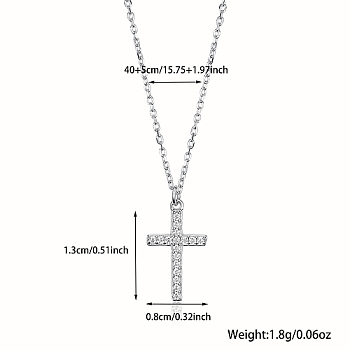 Cross Rhodium Plated 925 Sterling Silver Micro Pave Clear Cubic Zirconia Pendant Necklaces, Platinum, 15.75 inch(40cm), Pendant: 13x8mm