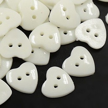 Acrylic Heart Buttons, Plastic Sewing Buttons for Costume Design, 2-Hole, Dyed, White, 14x14x3mm, Hole: 1mm
