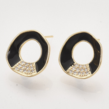 Brass Micro Pave Cubic Zirconia Stud Earring Findings, Enamel and Loop, Nickel Free, Real 18K Gold Plated, Ring, Black, 15x14.5mm, Hole: 1mm, Pin: 0.7mm