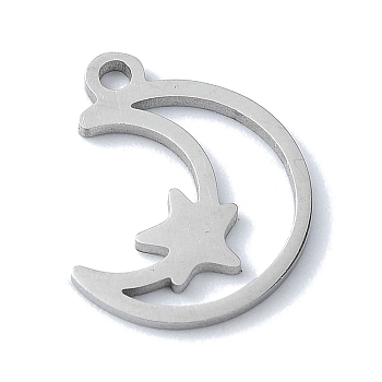304 Stainless Steel Charms, Laser Cut, Moon with Star Charms, Stainless Steel Color, 14.5x12.5x1mm, Hole: 1mm