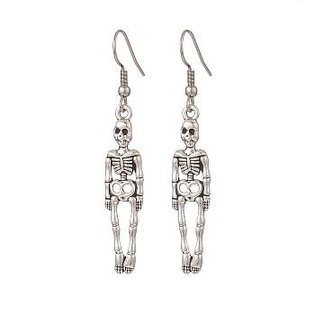 Skeleton Tibetan Style Alloy Dangle Earrings, 304 Stainless Steel Jewelry for Women, Antique Silver & Stainless Steel Color, 56mm, Pin: 0.8mm