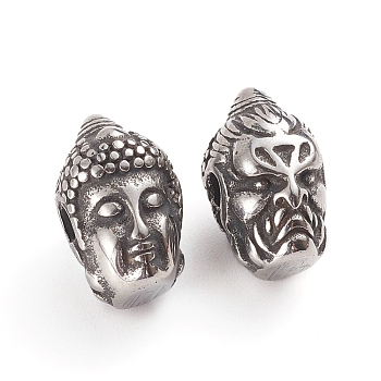 Buddhist 304 Stainless Steel Beads, Buddha Head, Antique Silver, 14x8.5x9.2mm, Hole: 1.8mm