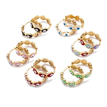 Brass Enamel Huggie Hoop Earrings, Long-Lasting Plated, Ring with Evil Eye, Golden, Mixed Color, 25x6mm, Pin: 1mm