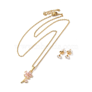 Cubic Zirconia Flower of Life Pendant Necklace & Diamond Stud Earrings(SJEW-M099-01G)-2