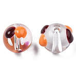 Transparent Glass Enamel Beads, Hand Painted Beads, Round with Mushroom, Coconut Brown, 13~14x12x11mm, Hole: 1.6mm(GLAA-N049-024)