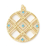 Rack Plating Brass Micro Pave Clear & Cyan Cubic Zirconia Pendants, Cadmium Free & Nickel Free & Lead Free, Long-Lasting Plated, Flat Round with Hollow Rhombus, Real 18K Gold Plated, 34x29.5x2mm, Hole: 3.3mm(KK-D073-14G)