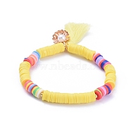 Handmade Polymer Clay Heishi Beads Stretch Bracelets, with Cotton Thread Tassel Pendants and Alloy Charms, Shell with Pearl Shape, Yellow, 2-1/8 inch(5.5cm)(BJEW-JB05088-02)