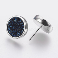 Brass Stud Earrings, with Druzy Resin Cabochon, Flat Round, Platinum, Marine Blue, 15.5x14mm, Pin: 0.7mm(EJEW-P145-M02-P)