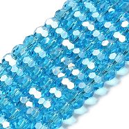 Transparent Glass Beads, 32 Facets, AB Color Plated, Round, Deep Sky Blue, 6x5.5mm, Hole: 1.2mm, about 91~93pcs/strand, 19.57''~19.92''(49.7~50.6cm)(EGLA-A035-T6mm-B08)