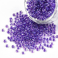 8/0 Transparent Colours Rainbows Glass Seed Beads, Round Hole, Round, Medium Orchid, 3~3.5x2mm, Hole: 1~1.2mm, about 10000Pcs/pound(SEED-R051-08B-01)