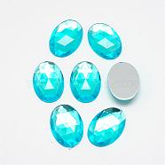 Acrylic Rhinestone Flat Back Cabochons, Faceted, Bottom Silver Plated, Oval, Cyan, 40x30x7~7.5mm(GACR-Q011-30x40-04)