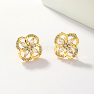 Copper Fashion Casual Stud Earrings with Zirconia for Women, Flower, Real 18K Gold Plated, 13mm(BO5013)