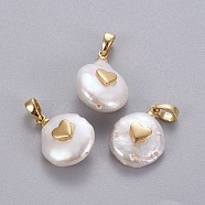 Natural Cultured Freshwater Pearl Pendants, with Brass Findings, Nuggets with Heart, Long-Lasting Plated, Golden, 17~27x12~16x6~12mm, Hole: 4x2.5mm(KK-L187-15G)