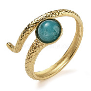 Natural Amazonite Finger Rings, Snake 304 Stainless Steel Open Cuff Rings, Real 18K Gold Plated, Inner Diameter: 17mm(RJEW-U027-04G-05)