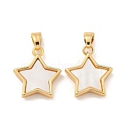 Natural White Shell Pendants, Rack Plating Brass Star Charms, Real 18K Gold Plated, 16x14x3mm, Hole: 2x5mm(KK-A214-26G)