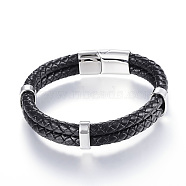 Braided Leather Cord Mkulti-strand Bracelets, with 304 Stainless Steel Magnetic Clasp, Black, 8-5/8 inch(220mm)x12~15x6~9mm(X-BJEW-K141-13)