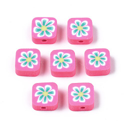 Handmade Polymer Clay Beads, for DIY Jewelry Crafts Supplies, Square with Flower, Turquoise, 9~9.5x9.5x4~4.5mm, Hole: 1.8mm(CLAY-N008-034E)