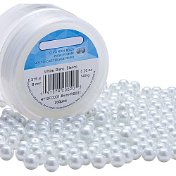 Eco-Friendly Dyed Glass Pearl Round Beads, White, 8mm, Hole: 1.2~1.5mm, about 200pcs/box(HY-BC0001-8mm-RB001)