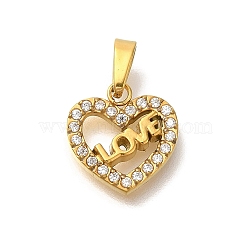 Ion Plating(IP) 304 Stainless Steel Micro Pave Cubic Zirconia Pendants, Heart Charms, Real 18K Gold Plated, 11.5x11x2mm, Hole: 4.5X2.5mm(STAS-H228-05G-01)