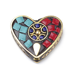 Handmade Indonesia Beads, with Brass Findings, Heart, Golden, Colorful, 28x31.5x9mm, Hole: 2mm(IPDL-S053-09)