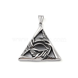 304 Stainless Steel Pendants, with 201 Stainless Steel Snap on Bails, Triangle with Hand & Eye Charm, Antique Silver, 46x47x10mm, Hole: 9x4mm(STAS-K225-07AS)