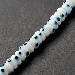 Handmade Evil Eye Lampwork Beads, Flat Round, White, 9.5~10.5x5~5.5mm, Hole: 3.5~4mm, about 30pcs/strand, 5.71~5.91 inch(14.5~15cm)(LAMP-F021-01H)