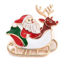 Christmas Theme Alloy Enamel Brooches, for Backpack Clothes, Santa Claus with Sleigh, FireBrick, 42x44mm(JEWB-S022-03H)