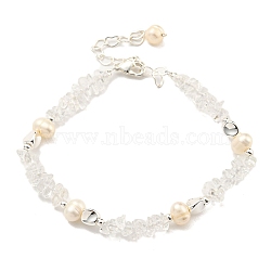 Natural Quartz Crystal Rock Crystal Chips Beaded Bracelets, Natural Pearl Bracelets for Women, Platinum, 6-5/8 inch(16.7cm)(BJEW-M315-02P)