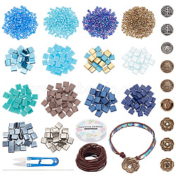 DIY Tile Bracelet Making Kit, Including Glass Seed Beads, Rose & Tree of Life Alloy Buttons, Cowhide Leather Cord, Elastic Thread, Scissors, Blue(DIY-NB0009-75)