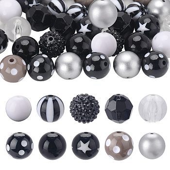 50Pcs 10 Style Halloween Theme Acrylic Beads, with Resin Rhinestone, Round, Mixed Color, 16~20x15~20mm, Hole: 2~3mm, 5pcs/style