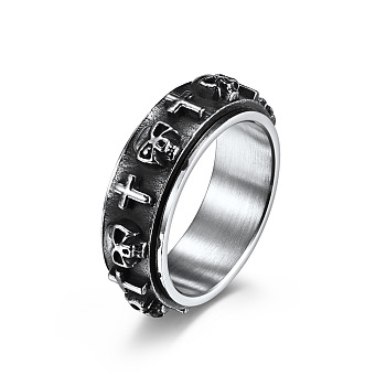 Titanium Steel Skull & Cross Rotatable Finger Ring, Spinner Fidget Band Anxiety Stress Relief Punk Ring for Men Women, Stainless Steel Color, US Size 10(19.8mm)