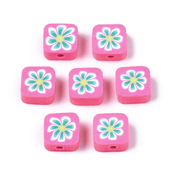 Handmade Polymer Clay Beads, for DIY Jewelry Crafts Supplies, Square with Flower, Turquoise, 9~9.5x9.5x4~4.5mm, Hole: 1.8mm