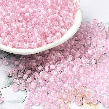 Transparent Glass Round Seed Beads, Inside Colours, Round, Pearl Pink, 6/0, 4x3mm, Hole: 1.2mm, about 7258pcs/pound