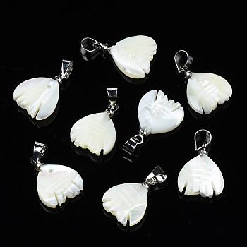 Natural Trochid Shell/Trochus Pendants, with Platinum  Plated Brass Snap on Bails, Fish, 14.5~16x11.5~12x3~4mm, Hole: 3.5x4.5mm