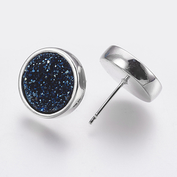 Brass Stud Earrings, with Druzy Resin Cabochon, Flat Round, Platinum, Marine Blue, 15.5x14mm, Pin: 0.7mm