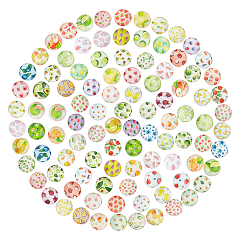 PandaHall Elite 100pcs Glass Cabochons, Fruits Pattern, Half Round/Dome, Mixed Color, 12mm