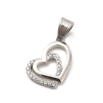 304 Stainless Steel Pendants, with Crystal Rhinestone, Bouble Heart Charms, Stainless Steel Color, 17x22x2.5mm, Hole: 7x4.5mm